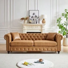 YOGLAD Button Tufted 3 Seats / 2 Seats Combo Sofa Couch With Nailhead Trim&Roll Armrest, Modern Living Room Sofa Set With Solid Wood Frame, Upholstered Mid Century Modern Couch With Wooden Legs, Chesterfield Sofa With 4 Cushions For Living Room, Apartment & Office Furniture - 棕色 - 查看 4