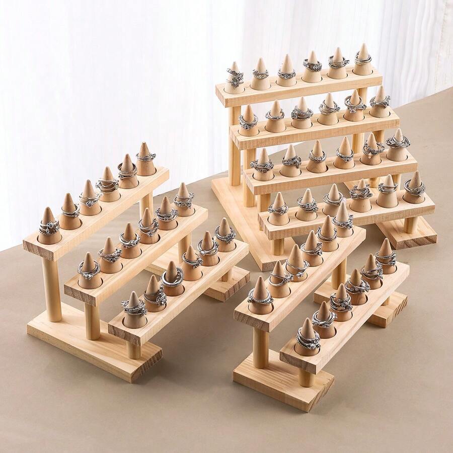 Minimalistyczny drewniany stożkowy stojak na pierścionki, stojak na biżuterię, ekspozycja pierścionków, transmisja na żywo i rekwizyt do stoiska