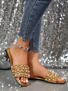 Fashionable Luxury Women Flat Slide Sandals With Pearl And Rhinestone Decoration, Square Toe Slip-On Flat Shoes, Comfortable Footwear In Multiple Colors, Suitable For Stylish Outfits