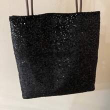 Chic Animal Print Leopard Silk Shoulder Bag Bling Tote Bag With Sparkling Sequins For Women, Perfect For Commuting Shopping School Fashion Skinny Pu Shoulder Strap Handbag - Coffee - View 6