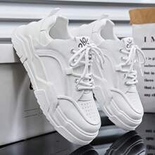 全新男士帆布运动鞋，休闲系带拼接厚底鞋 - 白色 - 查看 3