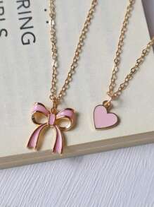 1/2pcs Heart & Bow Tie Necklace Set: Pink Heart Necklace & Cute Bow Tie Style Necklace, Best Friend Gift Valentines