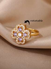1 pièce Bague à cristaux de luxe en forme de flocon de neige pour femmes. Bague rotative, anti-stress, réglable, cadeau de mode bijoux anti-anxiété