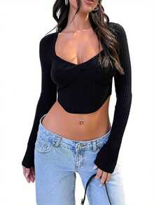 Womenacute;S Cropped Knit Tops Solid Color Long Sleeve Sweetheart Collar Spring Fall Show Navel Sweaters - Black - View 2