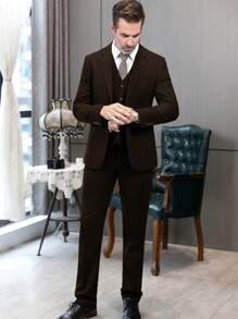 Retro Men's Herringbone Tweed Suit 3 Piece Set Wool Suits 1920's Themed Wedding Suit Vintage Style Groom Tuxedos Set Prom Jacket Blazer Vest Pants - 咖啡 - 查看 3