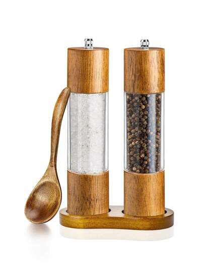 1pc/2pcs/3pcs/4pcs Manual Wooden Pepper Mill With Transparent Acrylic For Black Pepper, Sichuan Pepper, Sea Salt Grinder Seasoning Bottle