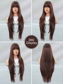 NICKY WALL 超长棕色分层假发，配有齐刘海，合成直发假发，自然柔软，高密度耐热纤维假发，适合时尚女性和女孩日常派对使用，34 英寸