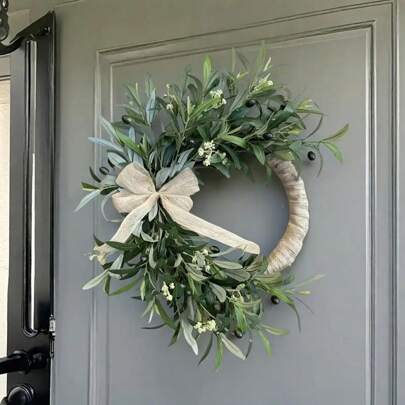 1 Piece Artificial Green Olive Wreath With White Flowers And Ribbon - Perfect For Indoor/Outdoor Farmhouse Decor, Wall Or Window Hanging, Great For Home, Festivals, Wedding Decorations Gifts Birthday Graduation