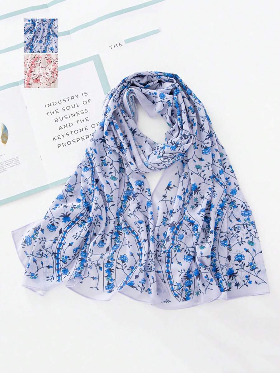 1pc Floral Printed Chiffon Scarf Headscarf - Multicolor - View 1