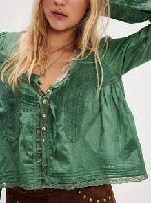 Women Y2k Bow Tie Front Top Y2k Coquette Long Sleeve Lace Trim Button Up Chiffon Blouses Cardigan Loose Fit Flowy Boho Peplum Shirt Going Out Tops Summer Beach Vacation Clothes 100% Cotton Casual Streetwear - Dark Green - View 2