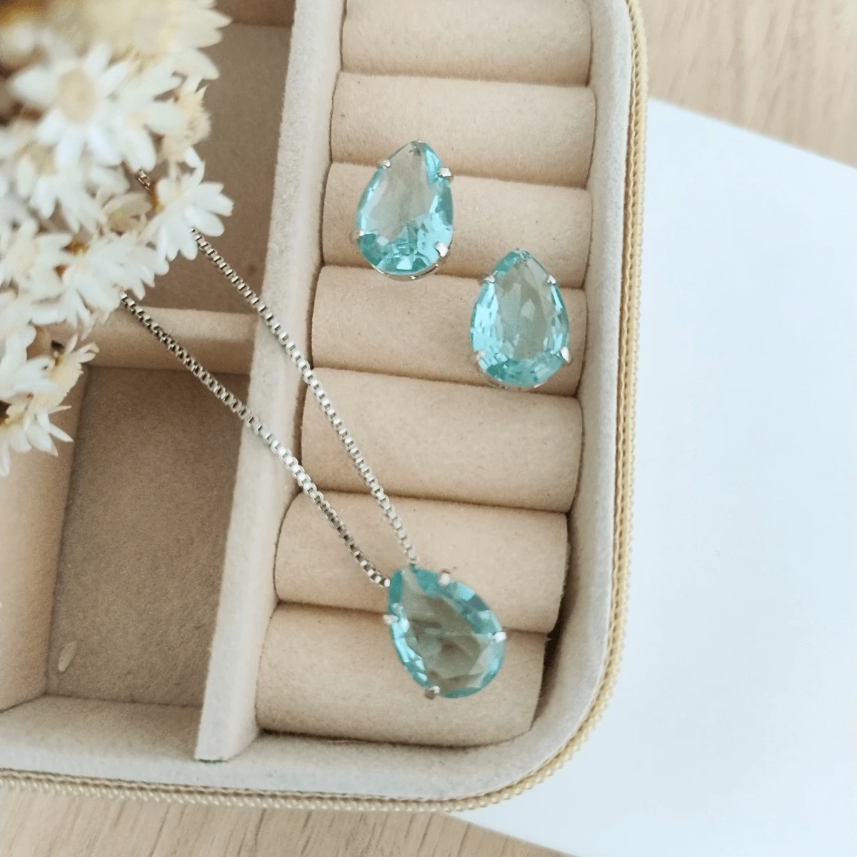 NECKLACE KIT WITH MINT ZIRCONIA DROP EARRINGS SILVER PLATED - 薄荷 - 查看 1