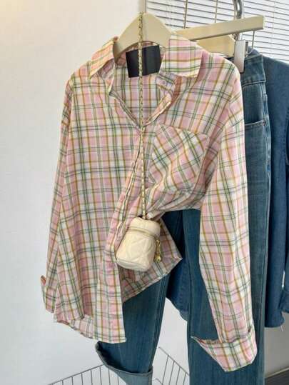 YUXIN 女士粉色格子长袖衬衫，翻领设计，宽松版型，轻松打造日常休闲春季时尚造型