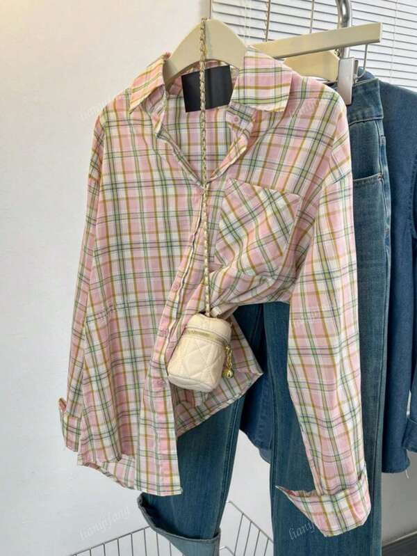 YUXIN Retro Vintage Blue Plaid Long Sleeve Casual Chic Loose Blouse, High-End Design, Windbreaker Suitable For Autumn