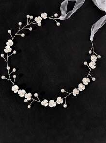 1 件手工制作的柔软珍珠三瓣花头带、发饰、发髻头带、婚纱假发 - 白色 - 查看 5