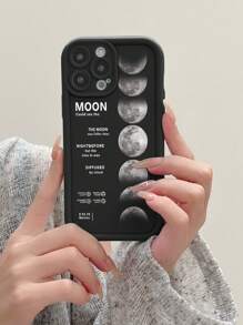 Cherry 1pc 极简月食与新月阴影设计防指纹黑砂岩手机壳适用于 Apple///Redmi/Infinix/Vivo 防水防震防摔防刮 - 黑色 - 查看 2