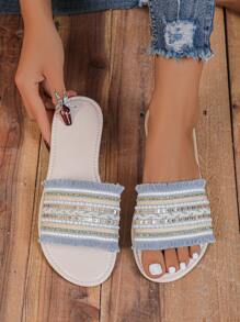 1 双加大码彩色面料拼接串珠波西米亚风格平底凉鞋，适合少女和女孩，圆头，防滑，舒适，适合室内/室外、日常穿着、度假、夏季 - 藍白色 - 查看 7