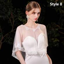 时尚蕾丝新娘婚纱披肩柔软派对夹克披肩仿珍珠斗篷连衣裙装饰透明宝石领女士连衣裙秋季女士服装 - 白色 - 查看 15