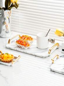 1 White Plastic Tray With A Marble Design - Perfect For Tea, Desserts And Cooked Food In The Kitchen, Dining Room Or Living Room - Perfect For Weddings, Birthdays And Gifts, Decorative Trays, Innovative Cutlery, Kettles, Breads, Parties, Gifts