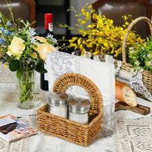 PE 编织藤条餐巾架，配有盐和胡椒瓶架，手工编织厨房香料瓶桌面收纳架，时尚餐桌纸巾架