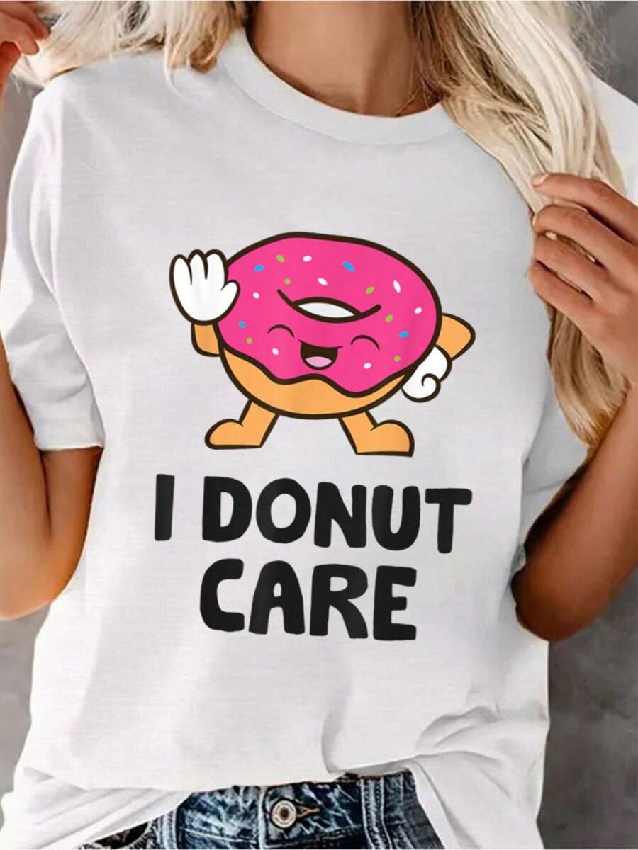 100% Cotton Donut I Donut Care Funny Doughnut Fashion Loose Casual Sports Summer Crew Neck Short Sleeved Top Women's Tops