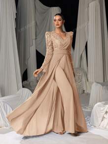 Faeriesty Stunning Long-Sleeve Evening Jumpsuit With Chiffon Overlay & Shimmering Sequin - Elegant Flowing Silhouette For Luxury Banquets, Red Carpet Galas, Weddings & Formal Evening Events