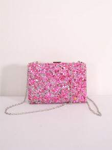 多功能树脂水晶小方形斜挎包，优雅时尚，适合派对和日常休闲使用 - 玫紅色 - 查看 7