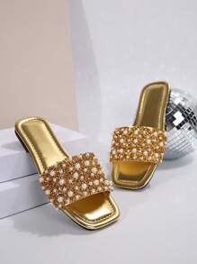 Fashionable Luxury Women Flat Slide Sandals With Pearl And Rhinestone Decoration, Square Toe Slip-On Flat Shoes, Comfortable Footwear In Multiple Colors, Suitable For Stylish Outfits