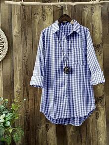 Áo sơ mi dài tay kẻ caro cổ điển thường ngày dành cho nữ, Xuân/Hè - Màu xanh lam - Xem 3