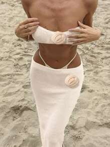 2 件套罩衫套装女式波西米亚风性感优雅 3D 花卉短款上衣和裙子，休闲海滩度假装，适合夏季度假 - 杏色 - 查看 1