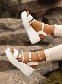 女士大码时尚编织带搭扣露趾休闲防滑厚底坡跟凉鞋，舒适百搭，适合夏季搭配裤装和裙装，旅行必备 - 白色 - 查看 5
