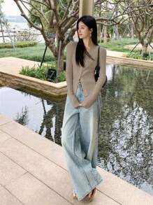 V-Neck Design With Thin Buckle, Long Sleeve, Ribbed Sweater, Bottom Cardigan For Women, Autumn/Winter - Light Khaki - View 3