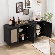 59.84" Vintage Four-Door Cabinet, Plastic Rattan, Suitable For Living Room, Dining Room, Bedroom(Black)