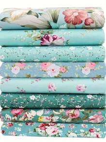 Set de 8 telas con estampado de flores verdes para costura DIY, vestidos, collages, costura a mano y patchwork