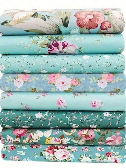 8pcs Green Flower Plant Fabrics For DIY Sewing, Dresses, Collages, Hand Sewing, And Patchwork