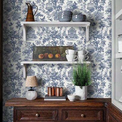 1 Roll Vintage Self-Adhesive Wallpaper - Blue Countryside & Plant Scenery, Removable And Repositionable Contact Paper, Waterproof, Easy Installation For Home Decor On Walls, Kitchen, Bedroom, Living Room, Cabinets, Furniture Refurbishing, Size: 44*300/500/1000cm