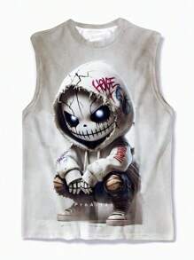 男士休闲骷髅和字母印花圆领无袖背心，涤纶面料，适合户外和街头穿着，夏季 - 彩色 - 查看 2