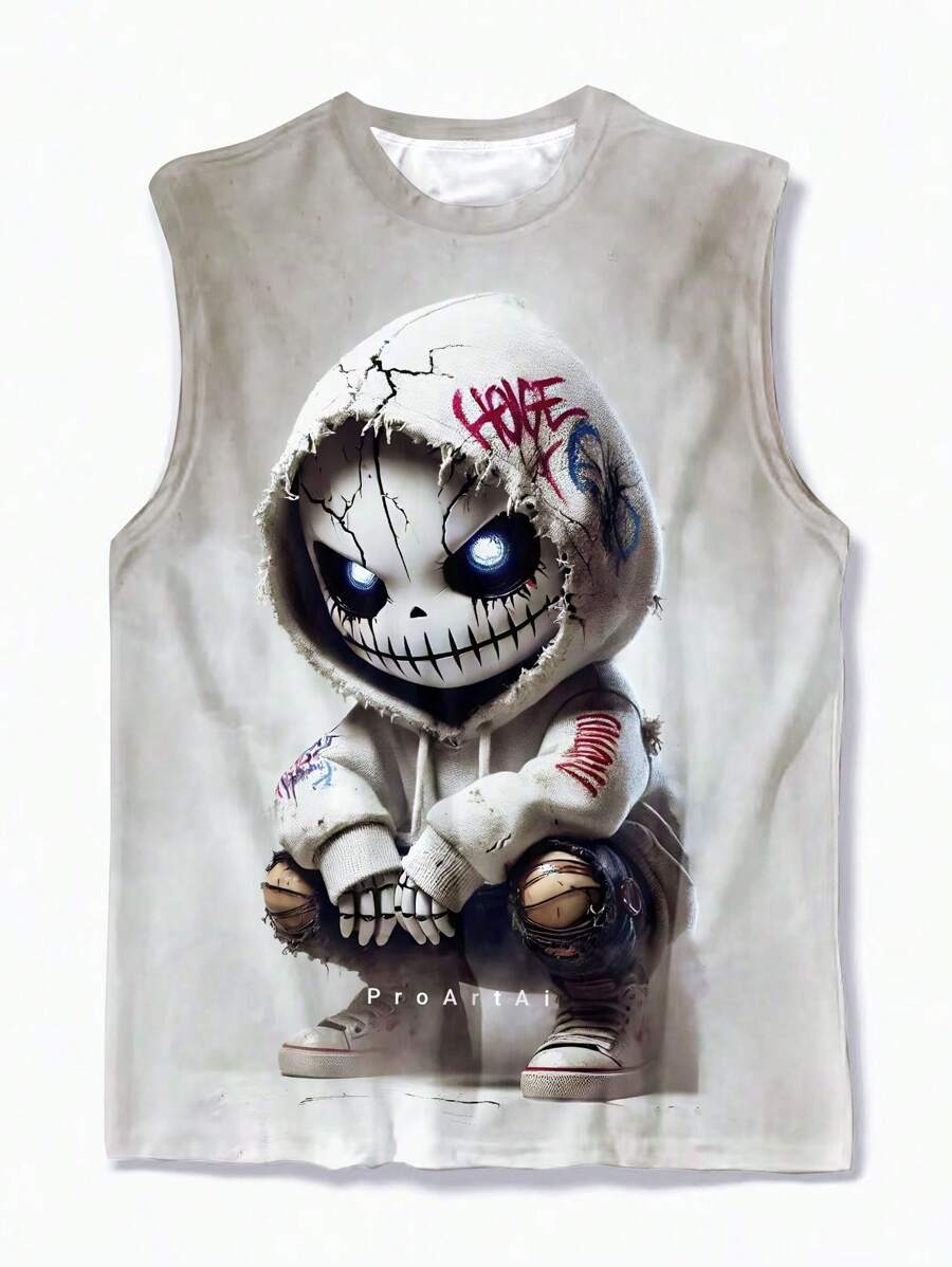 男士休闲骷髅和字母印花圆领无袖背心，涤纶面料，适合户外和街头穿着，夏季
