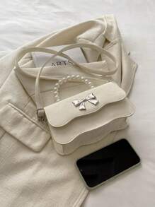 Fashionable Pearl Handbag & Shoulder Bag, Solid Color Design 2025 New Chic Fresh Butterfly Texture Small Square Bag - Beige - View 4