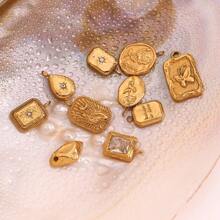 1pc Fashionable Geometric Jewelry Accessory, 18K Gold Plated Stainless Steel Water Drop Rose Cube Pendant, For Women