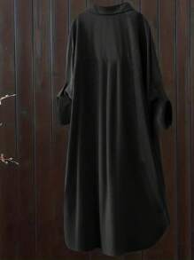 Women's Solid Color Long Sleeve Casual Turndown Collar Mid-Length Shirt - Black - View 2