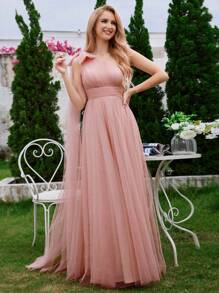 EVER-PRETTY Abito da damigella d'onore a-line in tulle con fiocco e nastro su una spalla, romantico