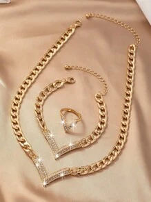 3pcs Set Alloy Chunky Chain Full Rhinestone V-Shaped Pendant Necklace, Bracelet & Ring, Luxury Retro Fashion Suit For Gift, Party, Banquet And Daily Wear