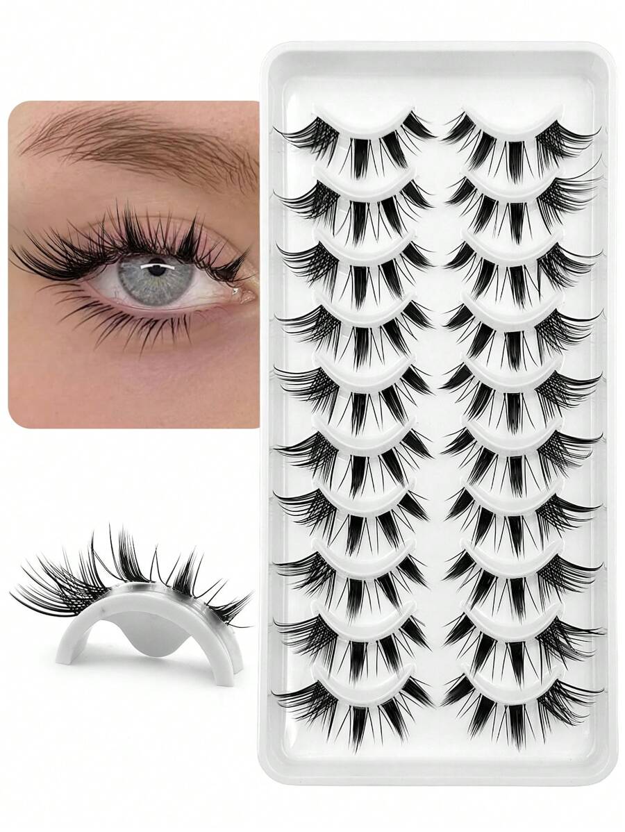Asiteo 10 Pairs Cartoon Cat Eye Faux Mink Lashes, Transparent Lash Band, Korean/Japanese Style, Create Makeup Look - Black - View 1