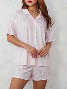 Women 2 Piece Pajamas Set Short Sleeve Floral Print Button Shirt Tops Shorts - 粉色 - 查看 4