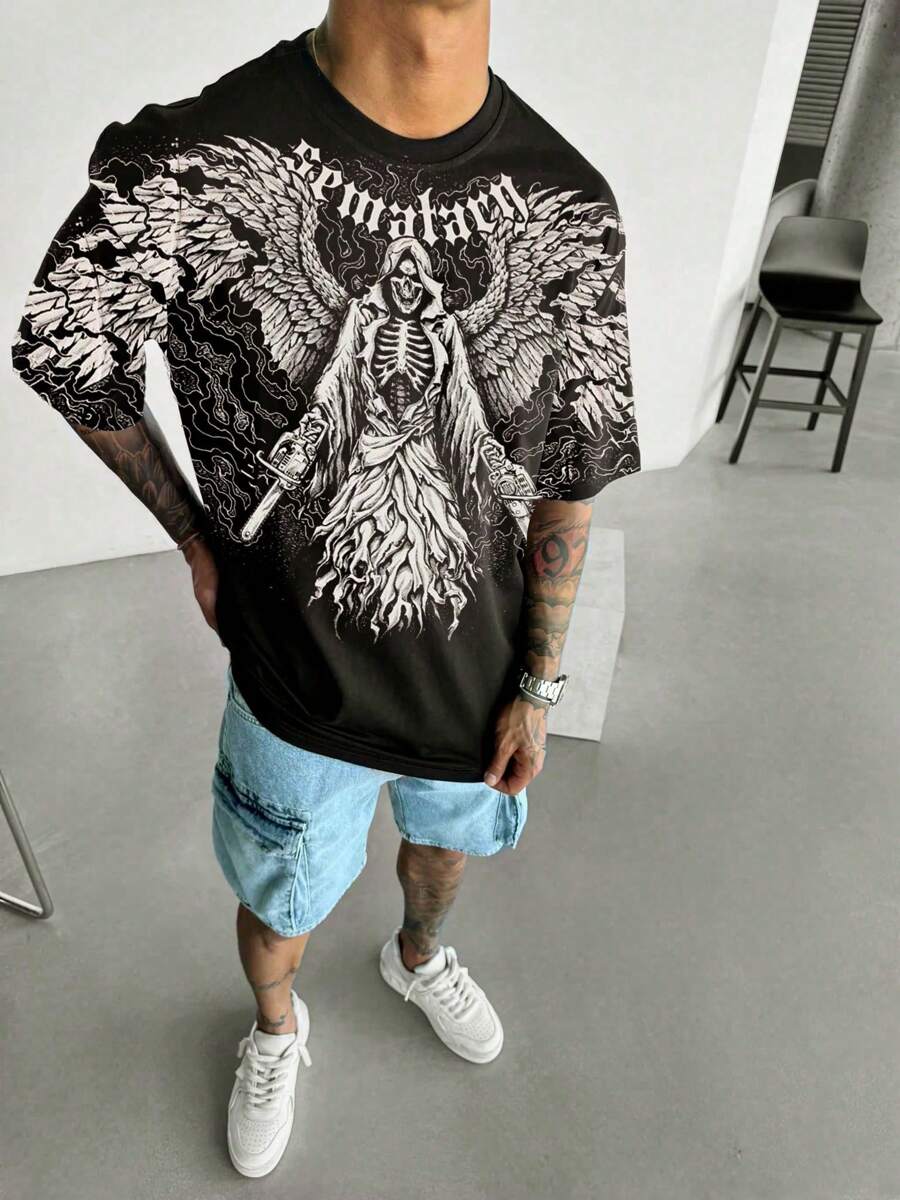 男士休闲骷髅与字母印花圆领短袖 T 恤，夏季学生装 - 黑色 - 查看 1