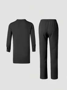 1 套男士黑色 Dashiki 服装，优雅简约设计，带纽扣，长袖圆领，侧开衩下摆，松紧腰裤，非洲时尚，男士休闲衬衫和长裤 2 件套，新季，适合聚会、约会、商务、日常穿着、文化活动、传统仪式 - 黑色 - 查看 5