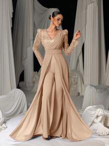 Faeriesty Stunning Long-Sleeve Evening Jumpsuit With Chiffon Overlay & Shimmering Sequin - Elegant Flowing Silhouette For Luxury Banquets, Red Carpet Galas, Weddings & Formal Evening Events - Rượu sâm banh - Xem 6