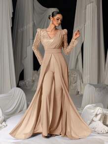 Faeriesty Stunning Long-Sleeve Evening Jumpsuit With Chiffon Overlay & Shimmering Sequin - Elegant Flowing Silhouette For Luxury Banquets, Red Carpet Galas, Weddings & Formal Evening Events