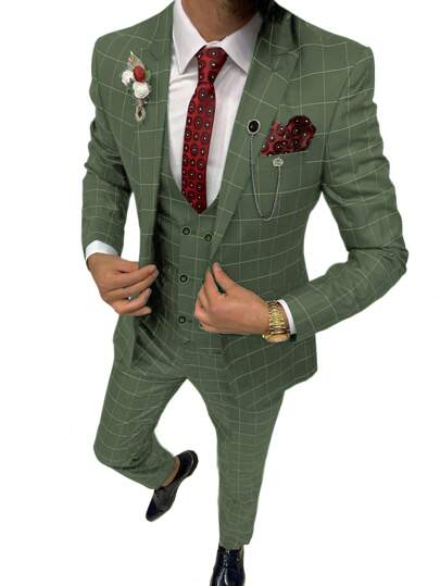 Mens Suit 3 Piece Suit Plaid Double Breasted Formal Business Wedding Prom Suit Male Groom, Blazer+Vest+Pant