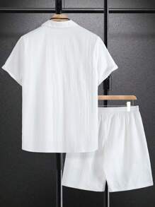 2pcs/Set Men Solid Color Short Sleeve Polo Collar Shirt And Drawstring Waist Shorts Casual Regular Outfit, Spring/Summer - White - View 2